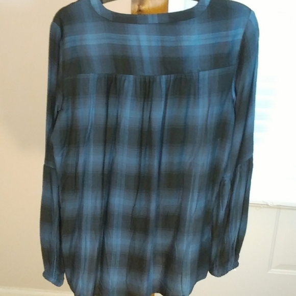 Philosophy Boho Long Bishop Sleeves Black Blue Plaid Top Blouse Size M Front Tie - Picture 2 of 12